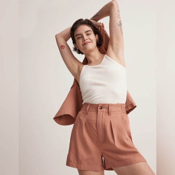 Madewell Salmon The Neale Shorts Drapeweave Mauve Elastic Pull On Pleated Button - Picture 1 of 6